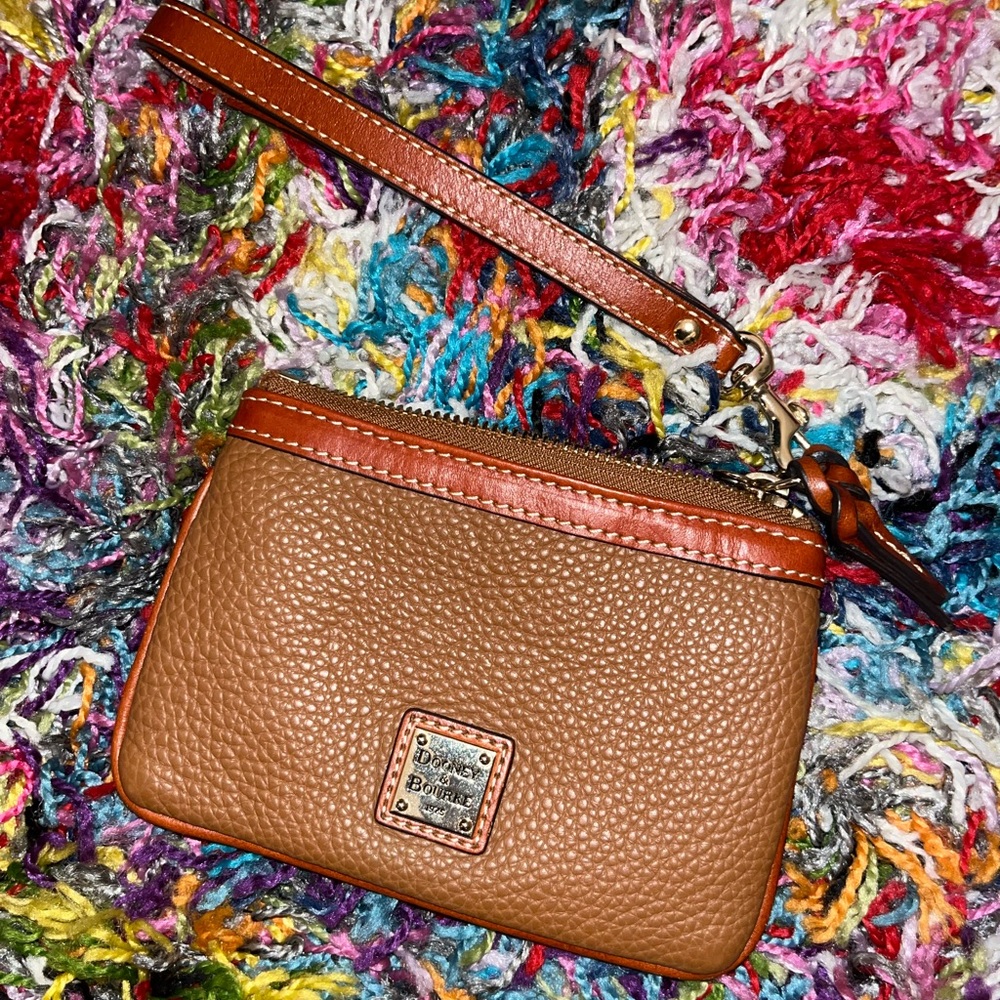 Dooney & Bourke Tan Pebbled Leather Wristlet with Gold Accents